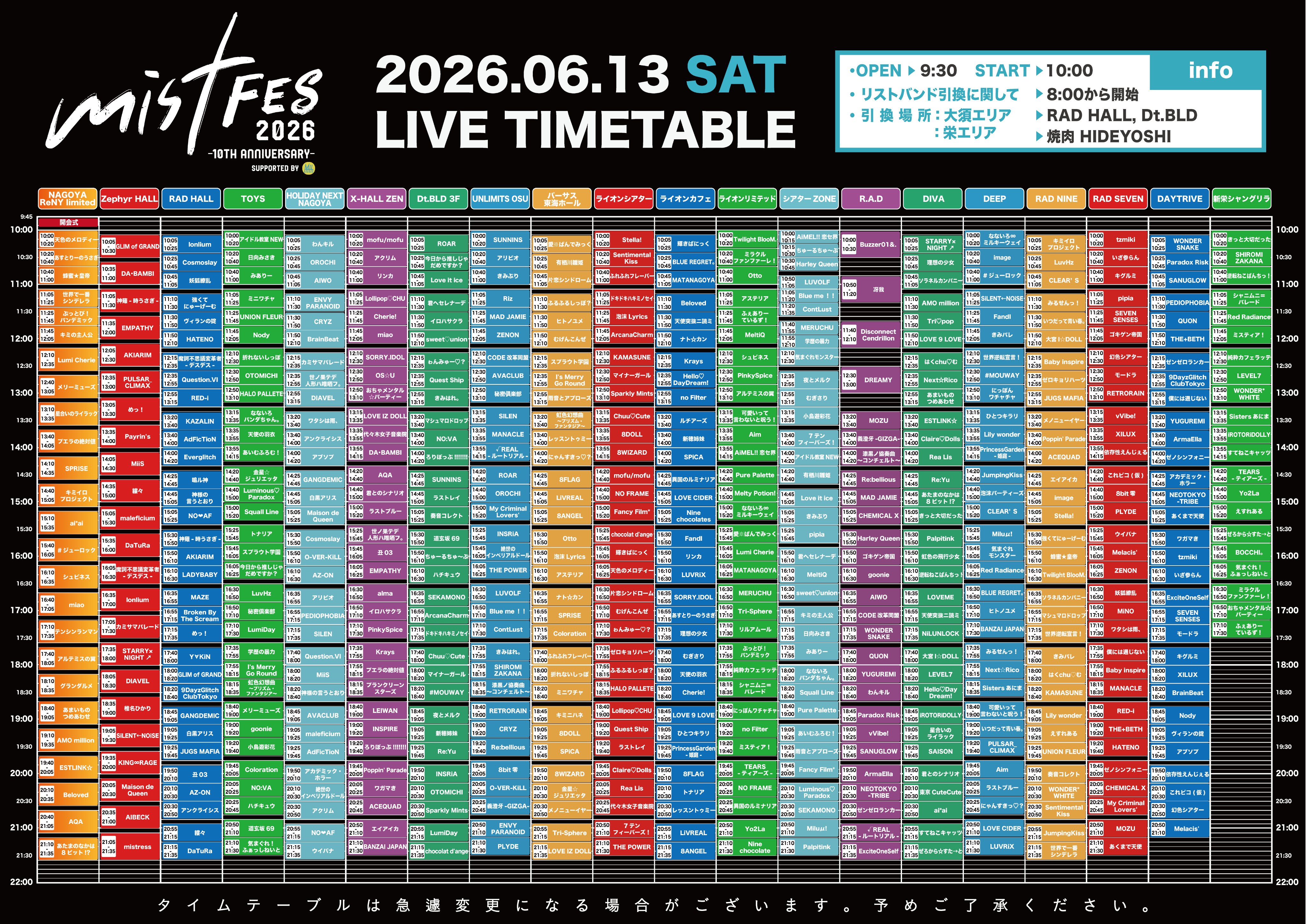 「mistFES2026 10th anniversary Supported by My-th」at HOLIDAY NEXT NAGOYA / UNLIMITS OSU Day1